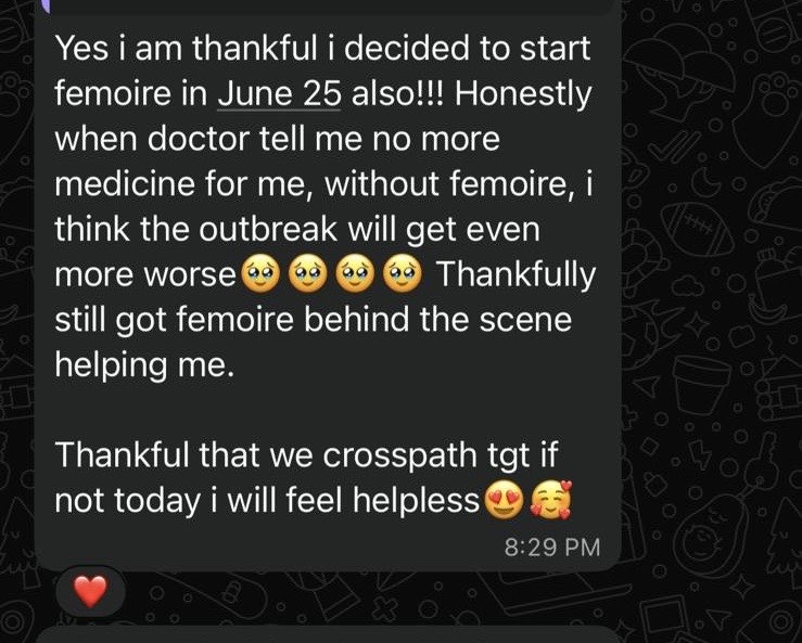 Customer WhatsApp message sharing her Femoire experience