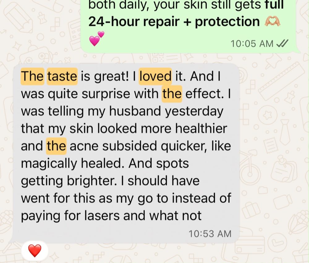 Customer WhatsApp message about the taste and her experience